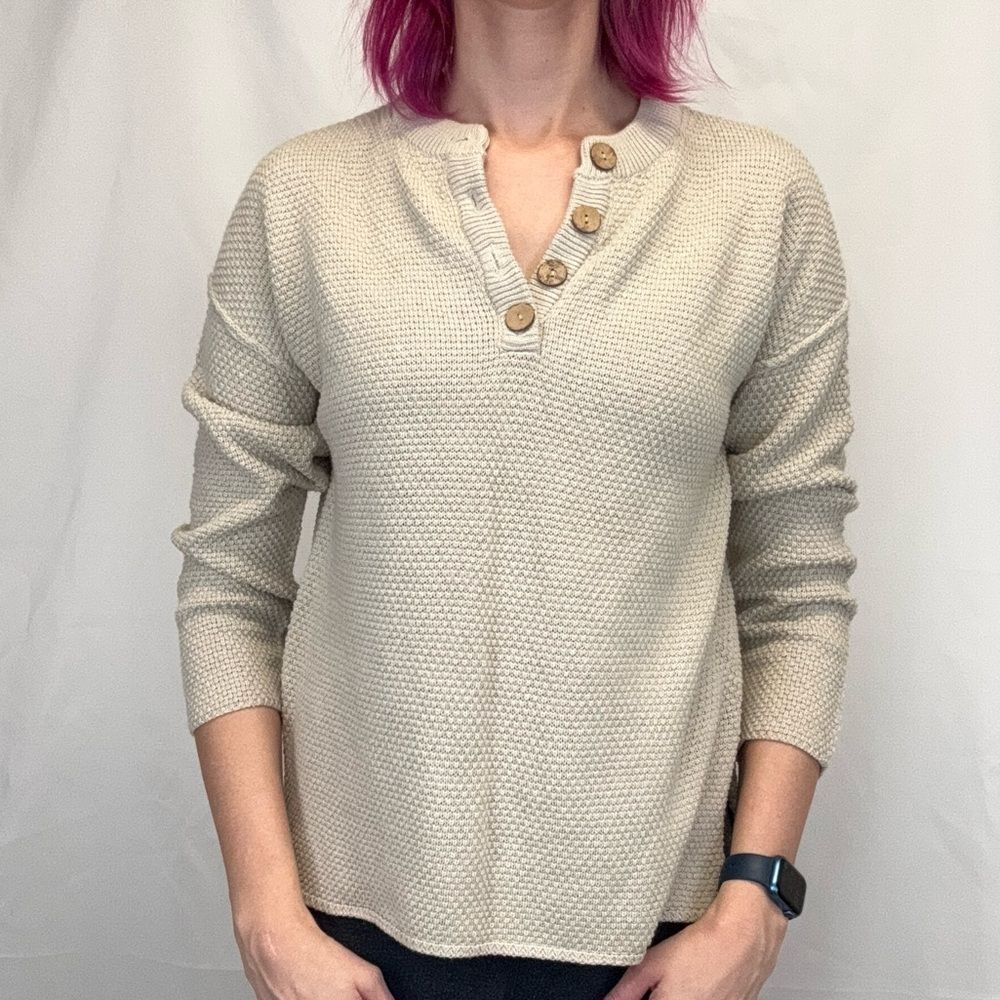 Women's Beige 4 Button Henley Knit Long Sleeve Sweater Medium Split Hem
